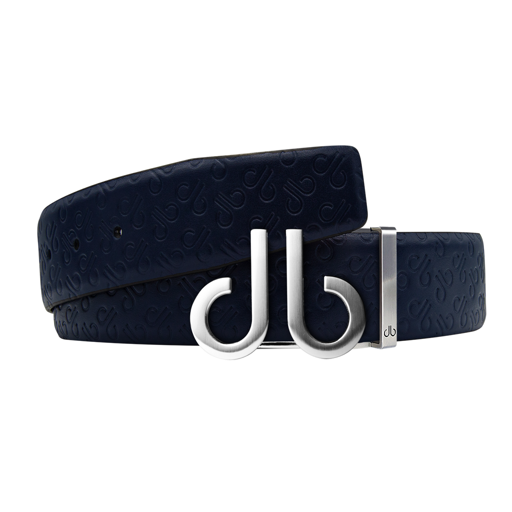 Dark Blue Db Icon Pattern Embossed Leather Belt With Druh Db Silver Icon Buckle