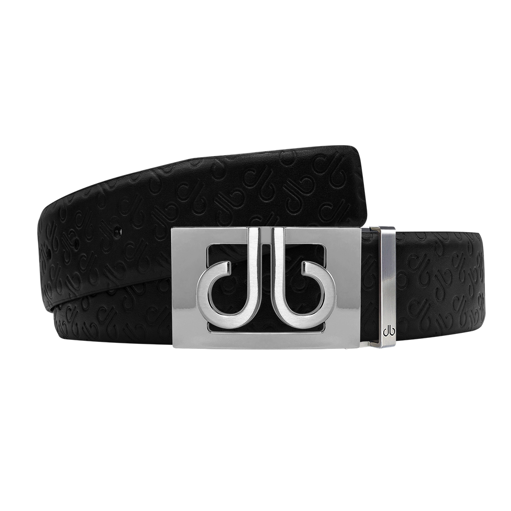 Black Db Icon Pattern Embossed Leather Belt With Silver Db Classic Thru Buckle