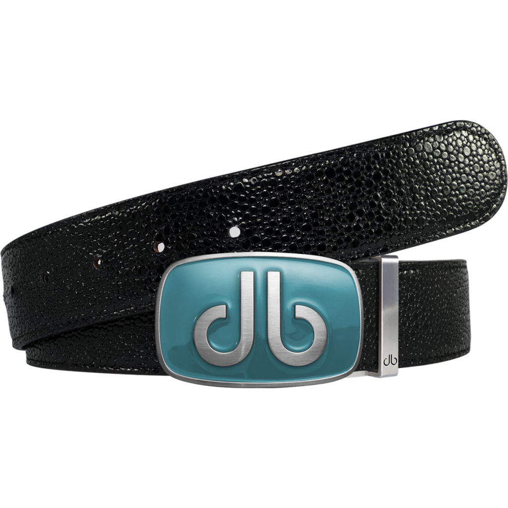 Shiny Black Stingray Leather Belt with Aqua Big Buckle