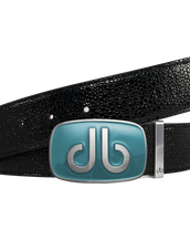 Shiny Black Stingray Leather Belt with Aqua Big Buckle