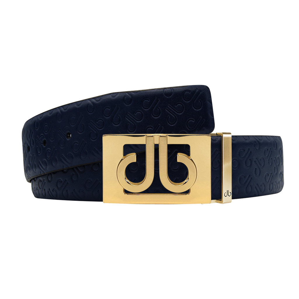Dark Blue Db Icon Pattern Embossed Leather Belt With Gold Db Classic Thru Buckle