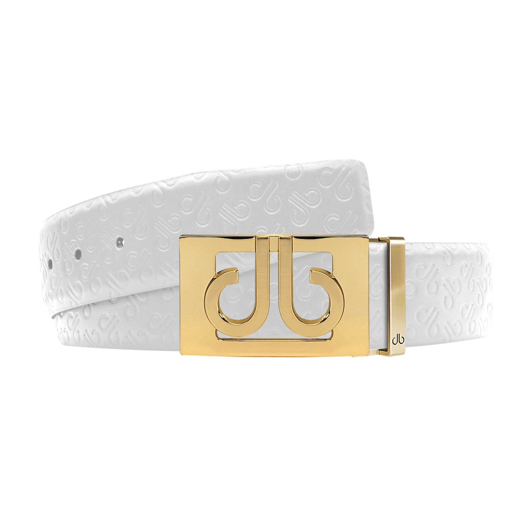 White Db Icon Pattern Embossed Leather Belt With Gold Db Classic Thru Buckle