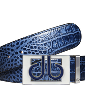 Blue Crocodile Textured Leather Belt with Colour Thru White and Blue Buckle