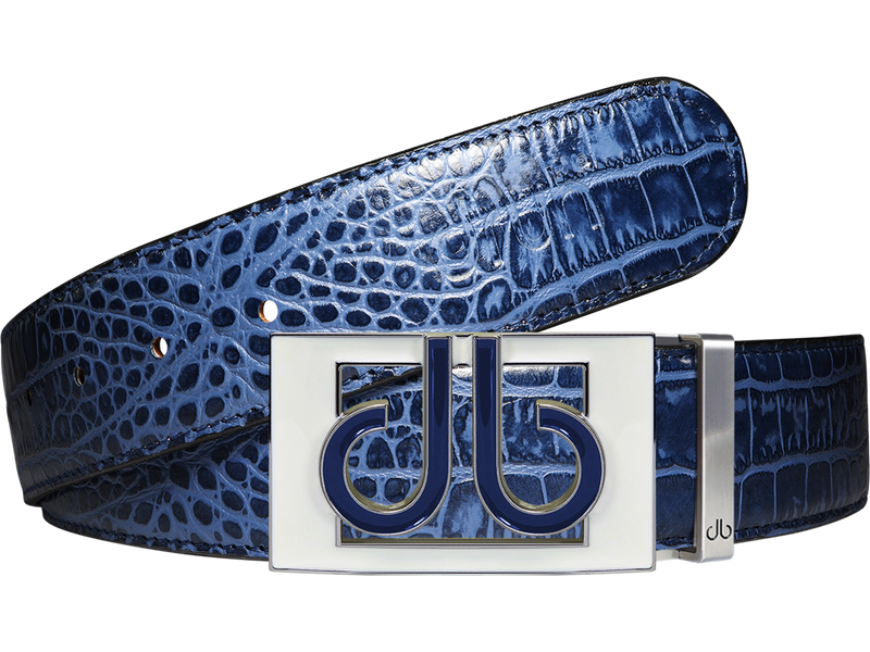 Blue Crocodile Textured Leather Belt with Colour Thru White and Blue Buckle