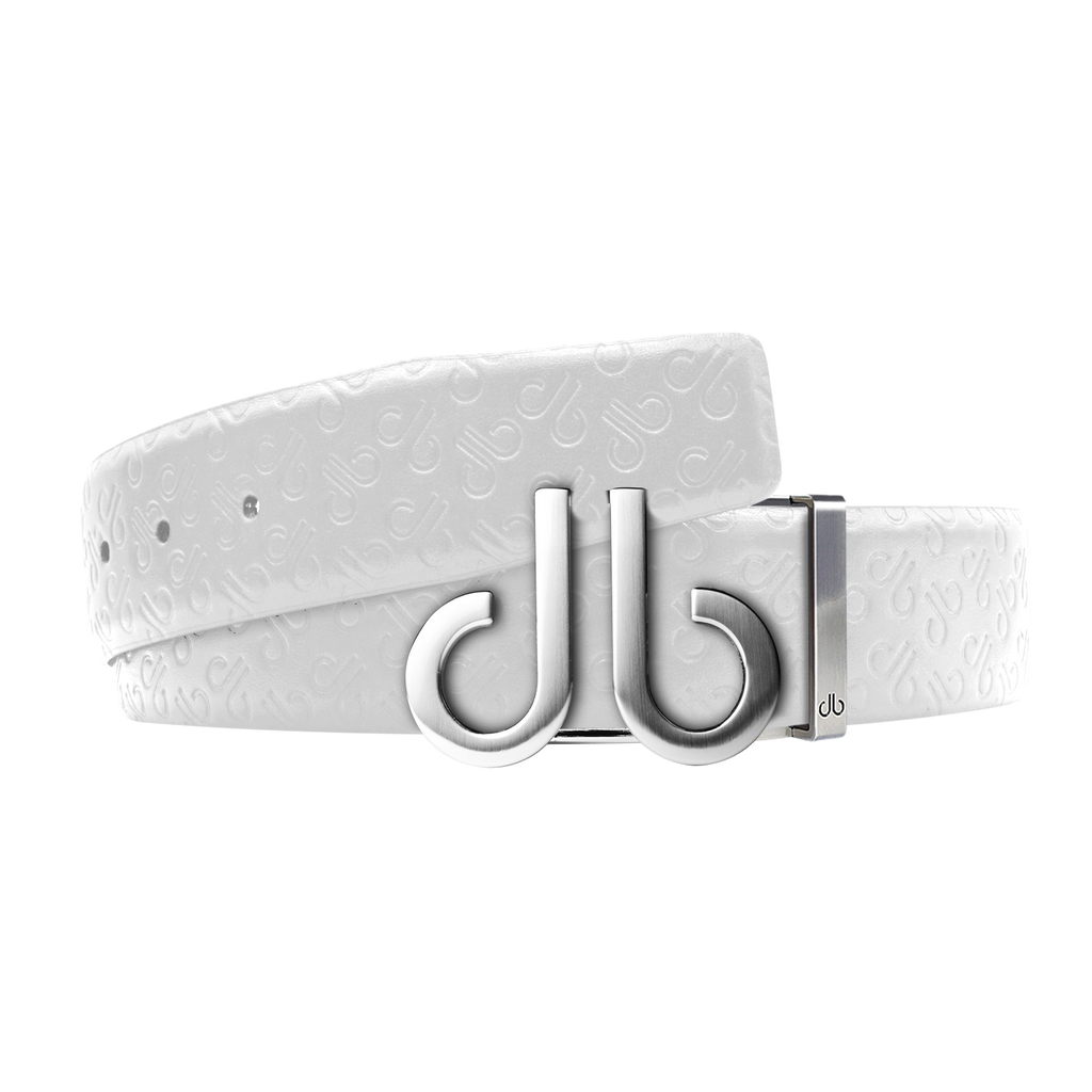 White Db Icon Pattern Embossed Leather Belt With Druh Db Silver Icon Buckle