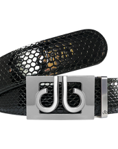 Black Snakeskin Textured Leather Belt with Classic Silver Thru Buckle