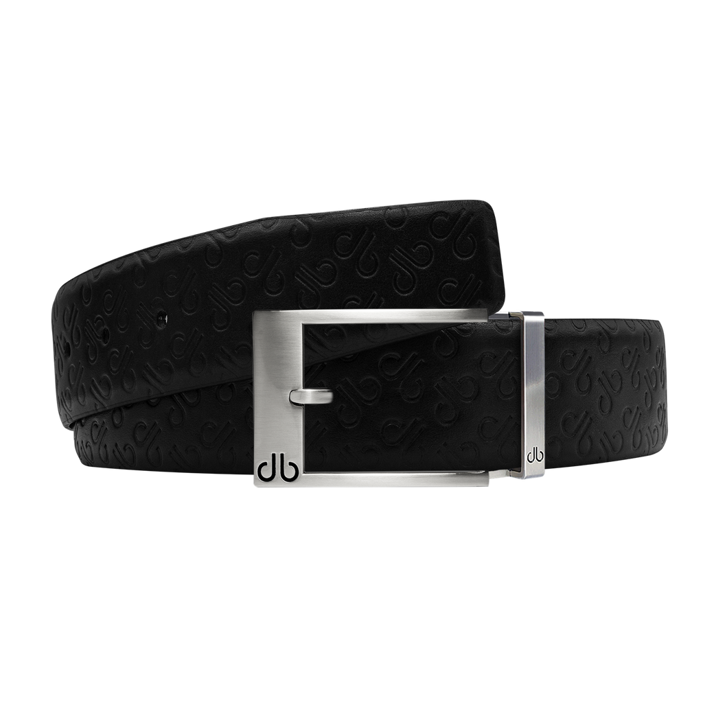 Black Db Icon Pattern Embossed Leather Belt With Silver Classic Prong Buckle