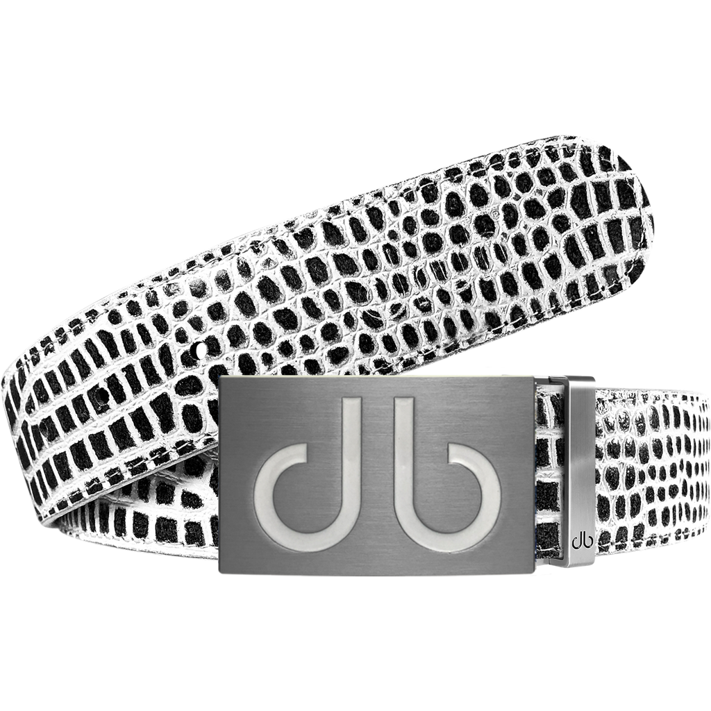 Black and White Crocodile Textured Leather Belt with White Infill Buckle