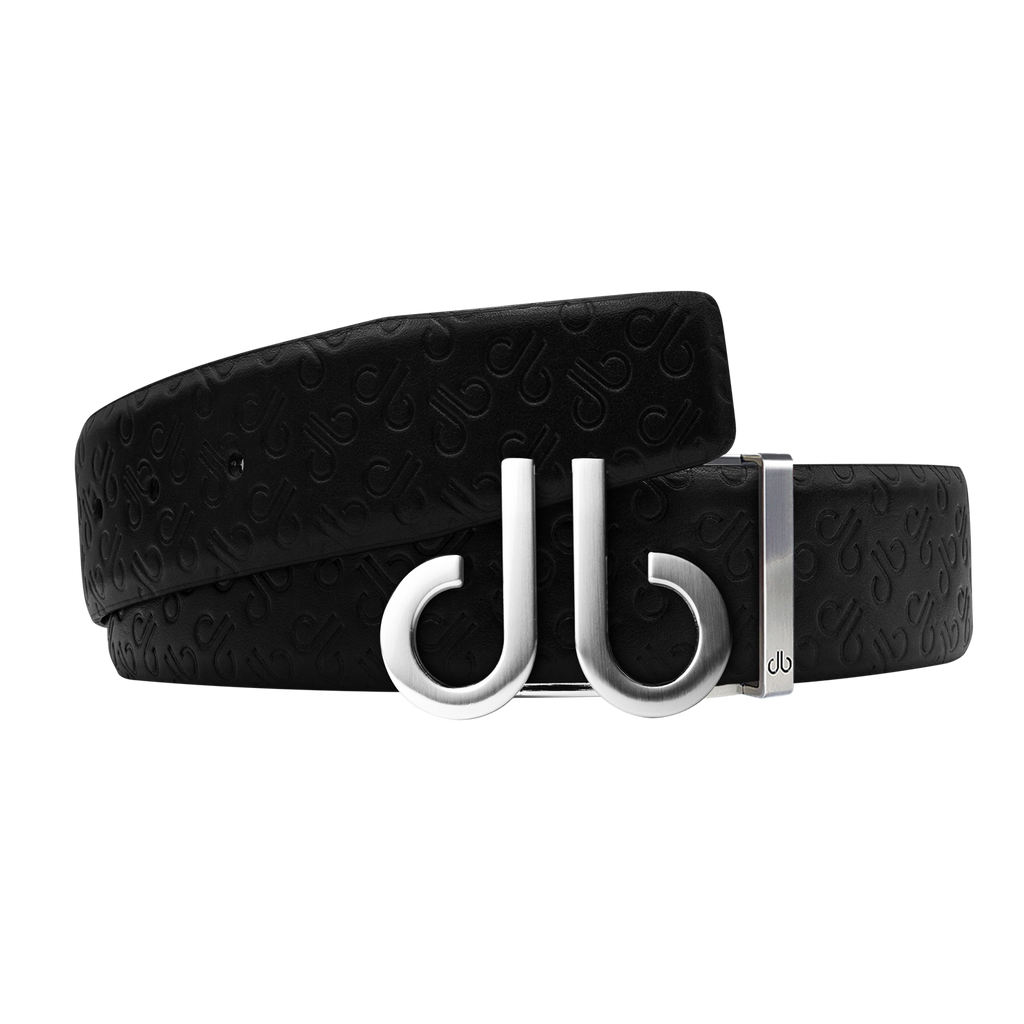 Black Db Icon Pattern Embossed Leather Belt With Druh Db Silver Icon Buckle