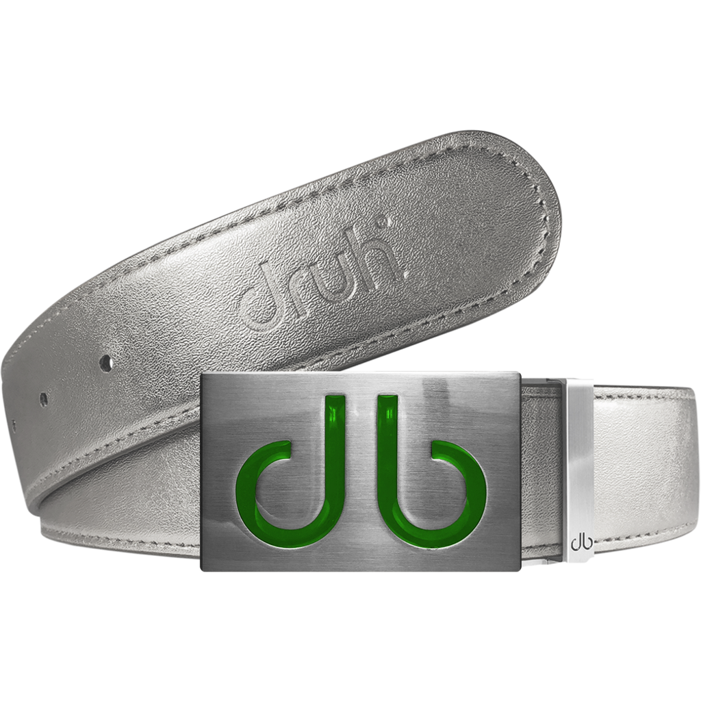 Silver Plain Leather Texture Belt with Green Infill Buckle