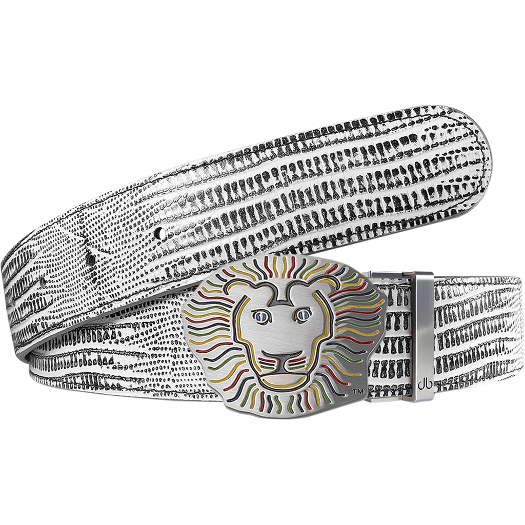 John Daly Lion Buckle and Lizard Leather Belt in White and Black