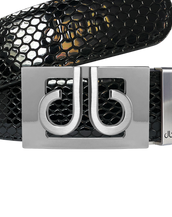 Black Snakeskin Textured Leather Belt with Silver thru Buckle