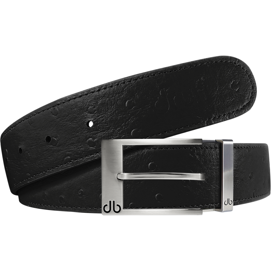 Black Ostrich Textured Leather Belt with Silver Prong Buckle
