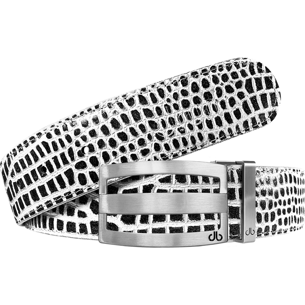 Black Crocodile Leather Belt with Classic Silver Stripe Buckle