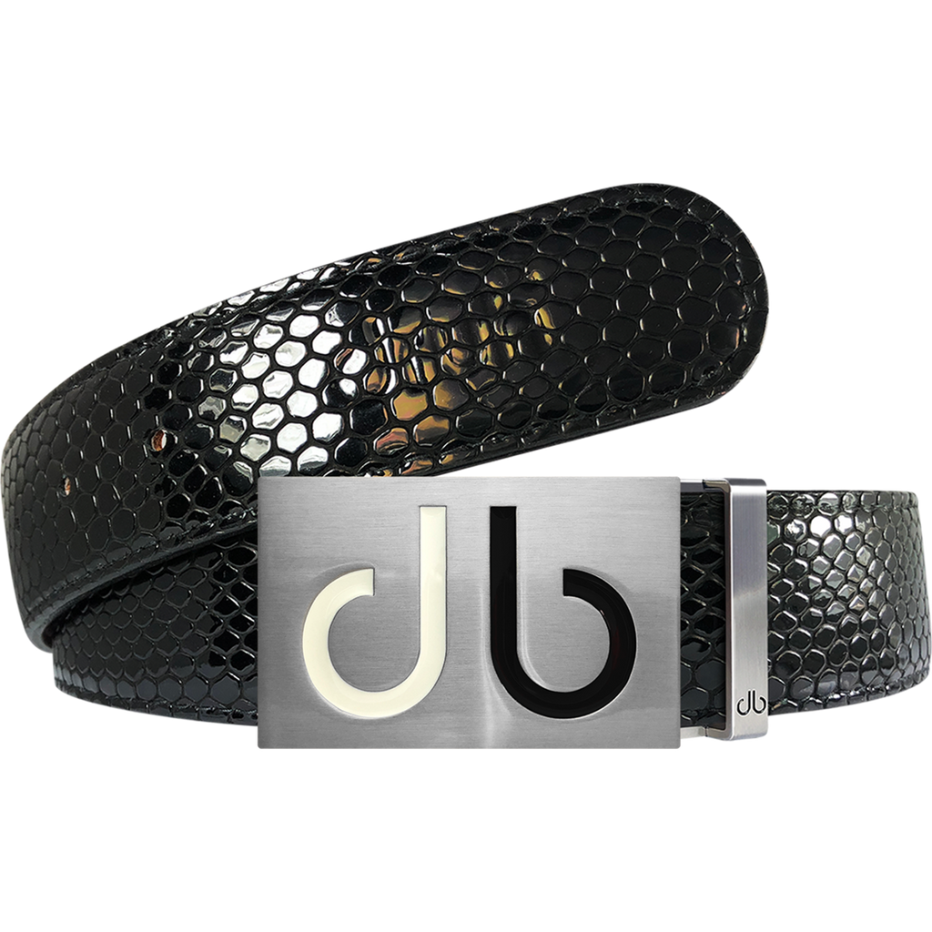 Black Snakeskin Texture Leather Belt with White and Black Two Toned Buckle