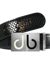 Black Snakeskin Texture Leather Belt with White and Black Two Toned Buckle