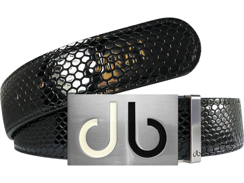 Black Snakeskin Texture Leather Belt with White and Black Two Toned Buckle
