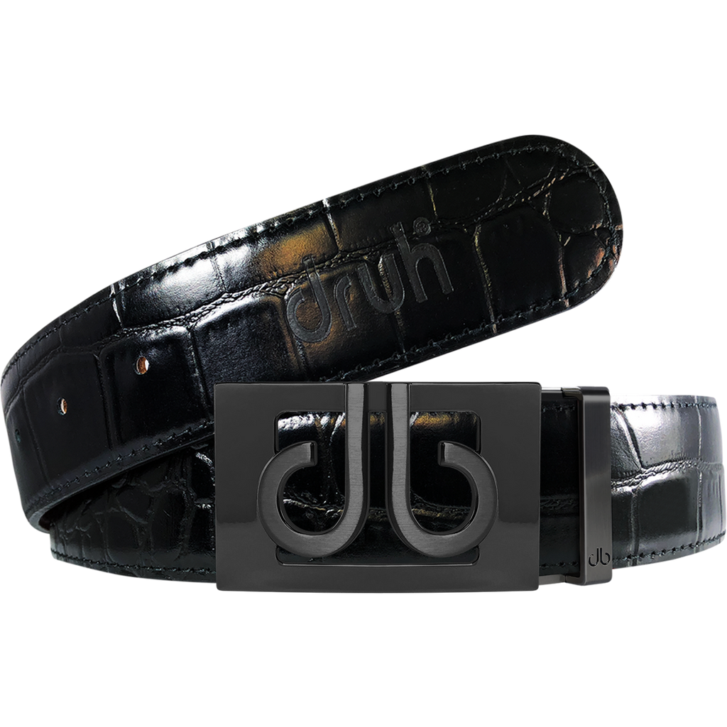 Black Crocodile Textured Leather Belt with Classic Matte Black Thru Buckle
