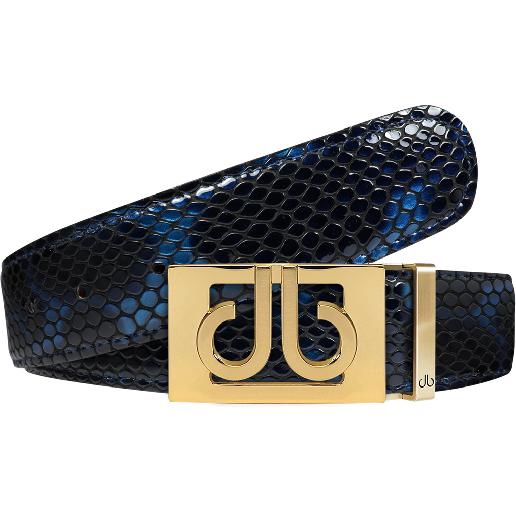Shiny Snakeskin Texture Belt Blue & Black with Gold ‘db’ Thru Buckle