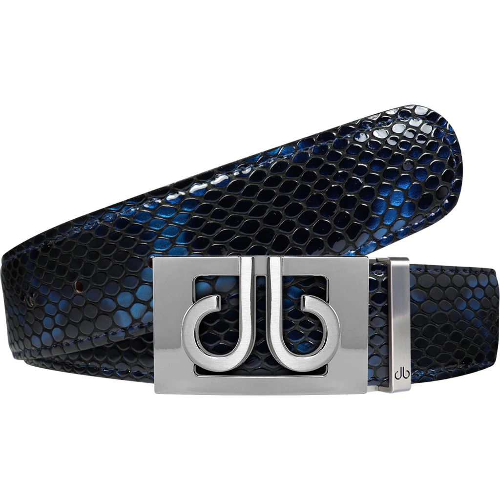 Shiny Snakeskin Texture Belt Blue & Black with Silver ‘db’ Thru Buckle
