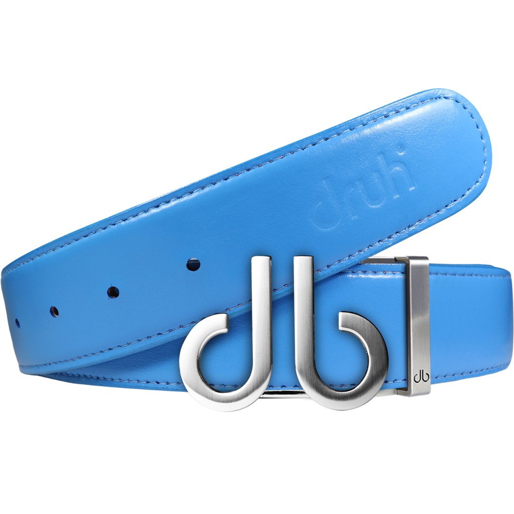 Full Grain Leather Belt in Sky Blue with Brushed Silver ‘db’ Icon Buckle