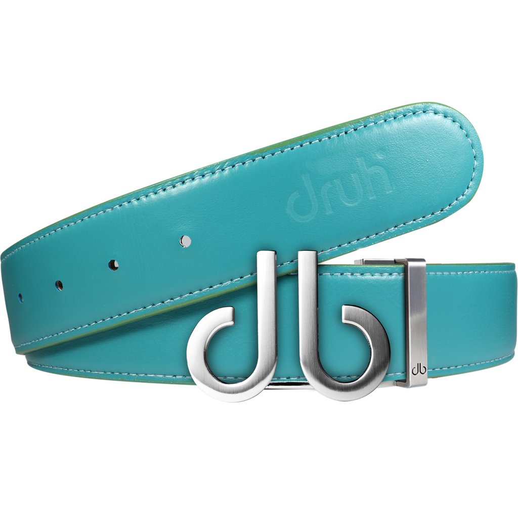 Full Grain Leather Belt in Aqua with Brushed Silver ‘db’ Icon Buckle