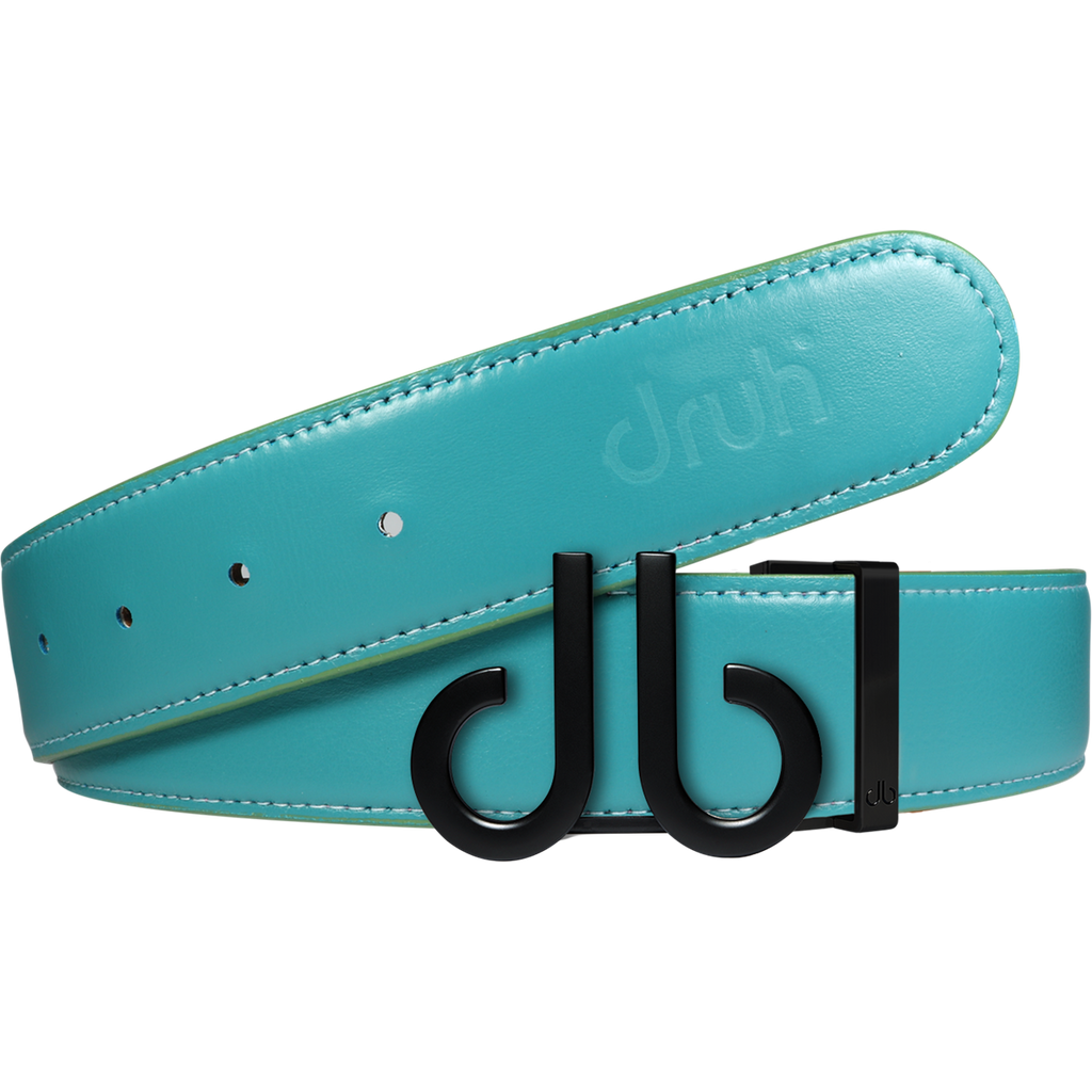 Full Grain Leather Belt in Aqua with Matte black ‘db’ Icon Buckle