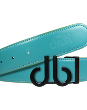 Full Grain Leather Belt in Aqua with Matte black ‘db’ Icon Buckle