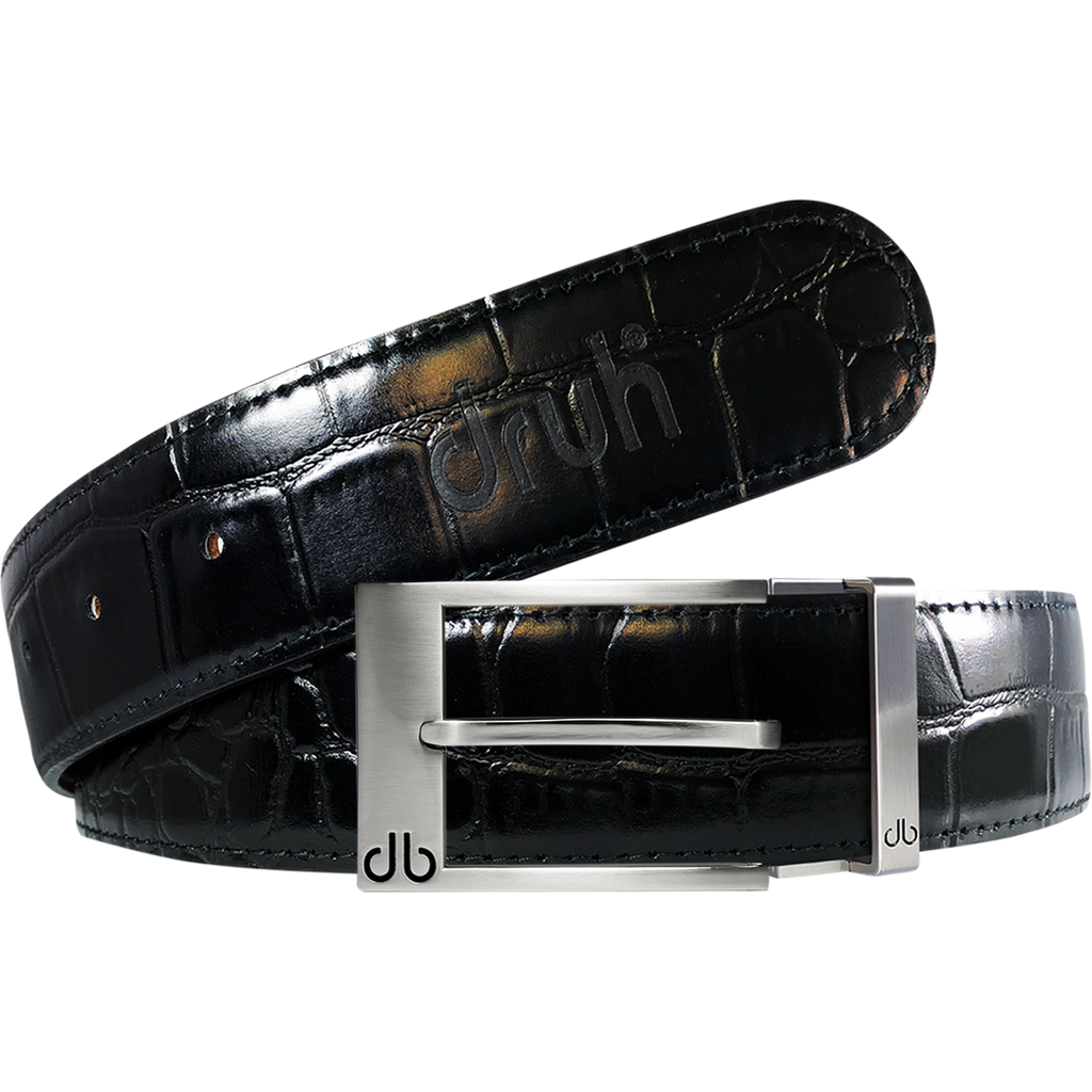 Black Crocodile Textured Leather Belt with Prong Buckle