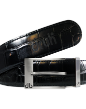 Black Crocodile Textured Leather Belt with Prong Buckle