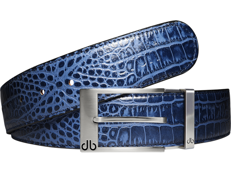 Blue Crocodile Textured Leather Belt with Prong Buckle