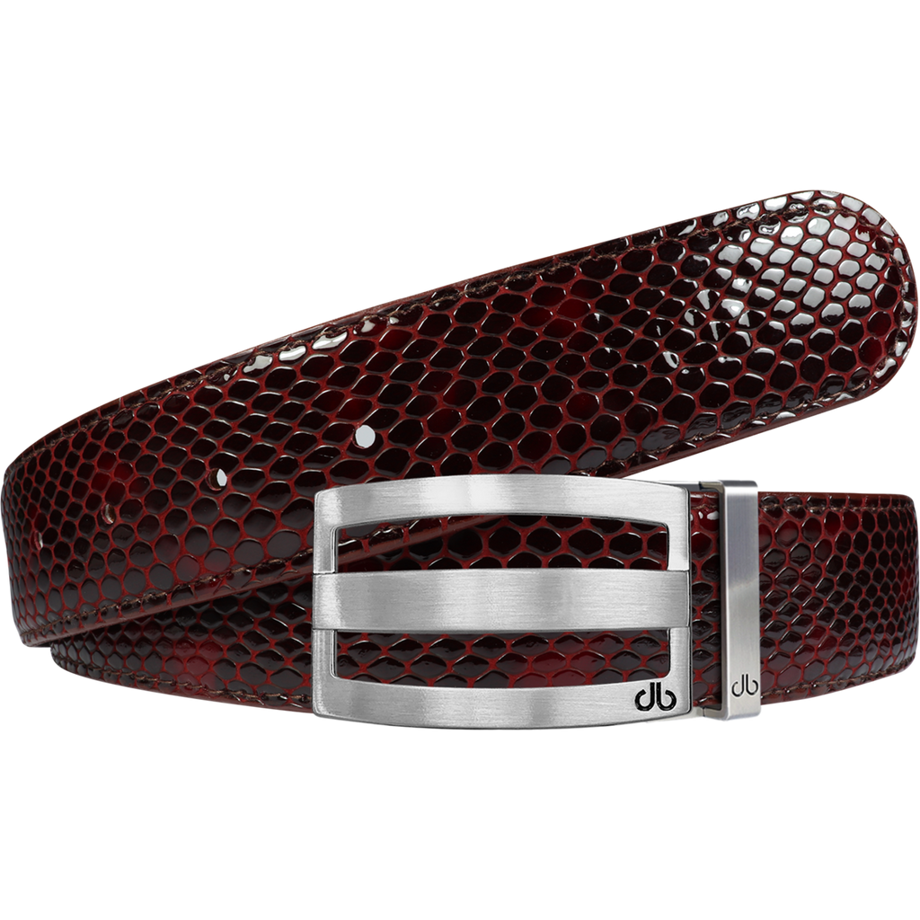 Shiny Snakeskin Texture Burgundy & Black with Silver ‘db’ Classic Stripe Buckle