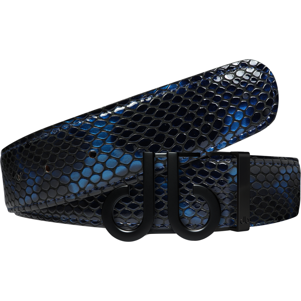 Shiny Snakeskin Texture Belt Blue & Black with Matte DB Icon Buckle