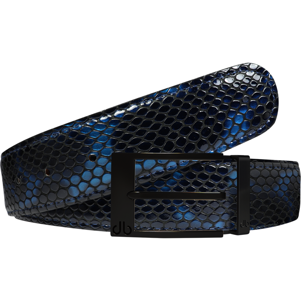 Shiny Snakeskin Texture Belt Blue & Black with Matte Prong Buckle