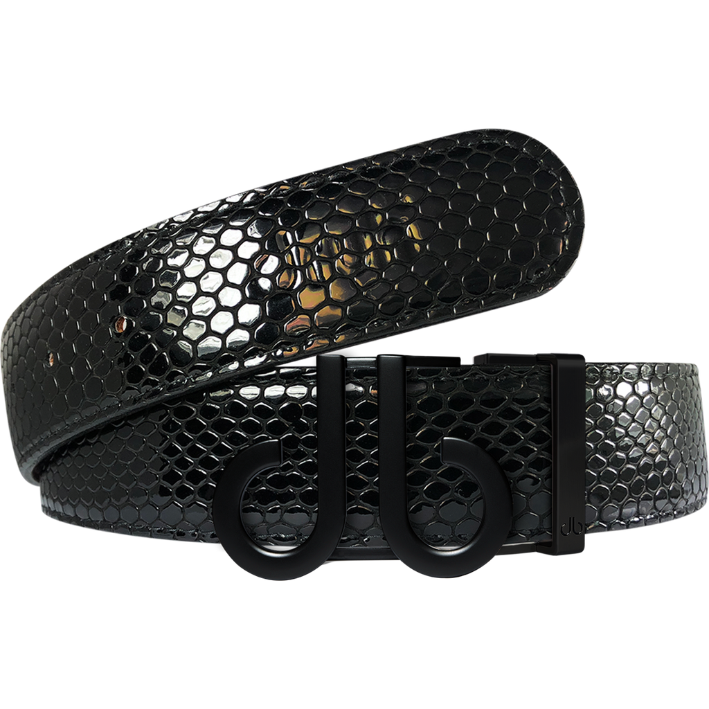 Black Snakeskin Texture Leather Belt with Matte DB Icon Buckle