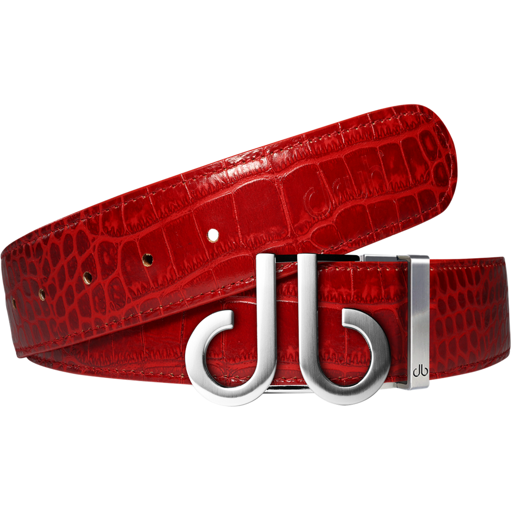 Red Crocodile Textured Leather Belt with Classic Silver DB Icon Buckle