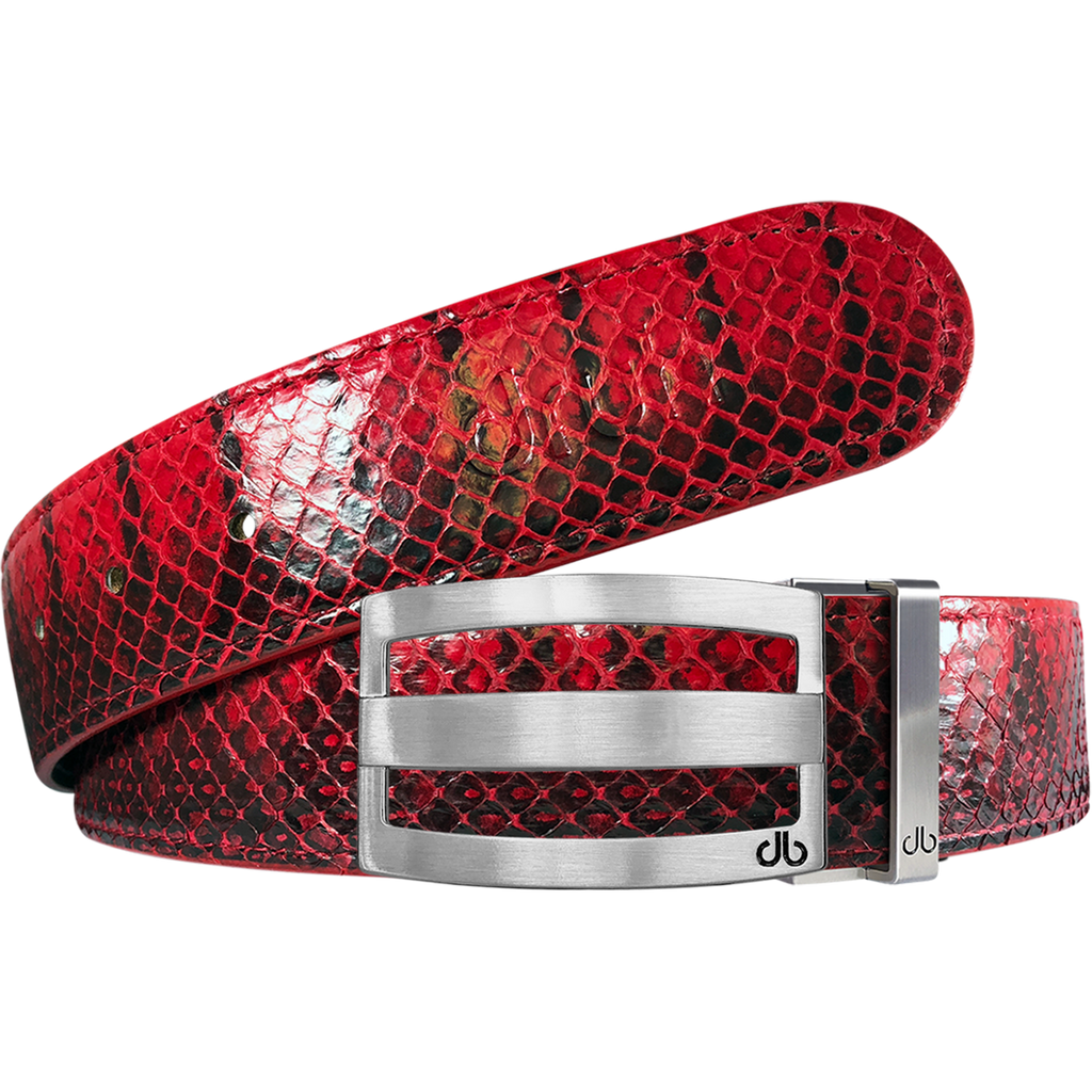 Red Real Snakeskin Leather Belt with Classic Silver Stripe Buckle
