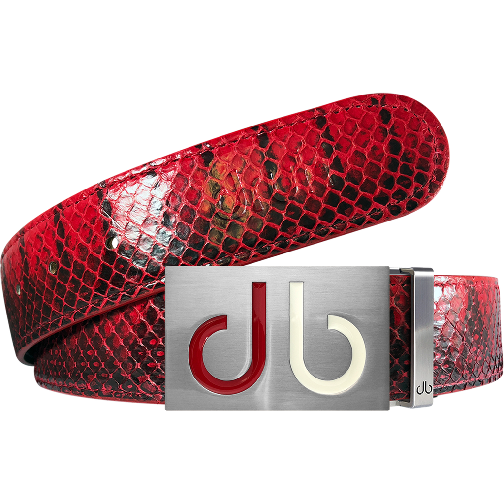 Red Real Snakeskin Leather Belt with Two Toned Red & White Buckle