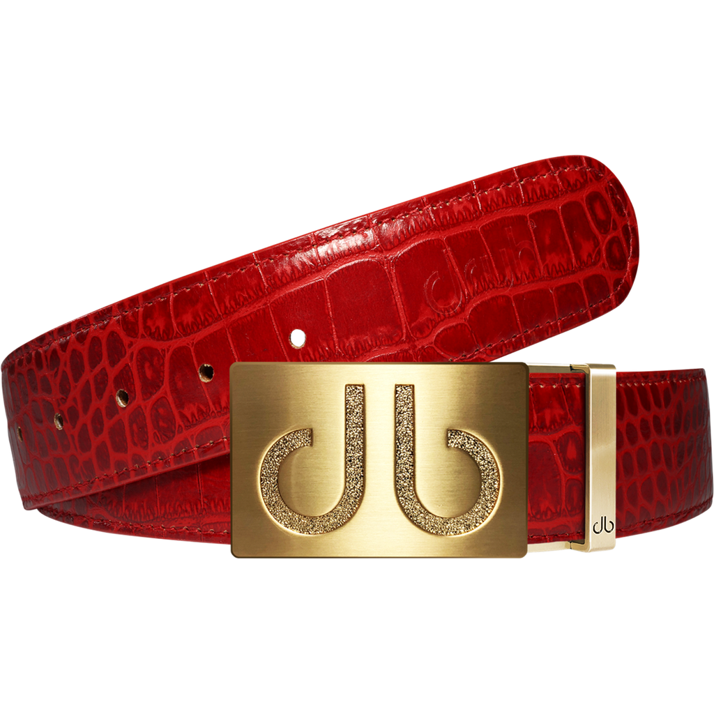 Red Crocodile Textured Leather Belt with Classic Gold Buckle