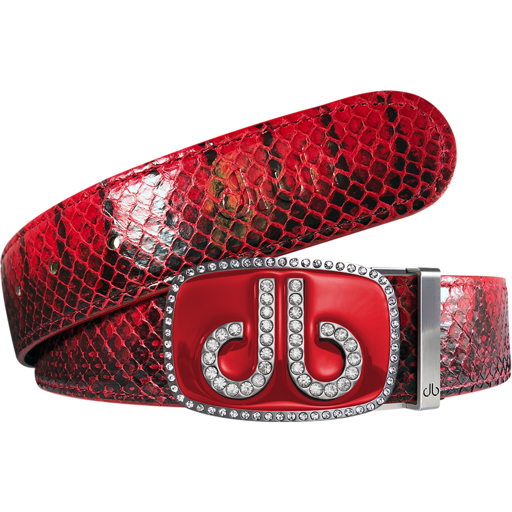 Red Real Snakeskin Leather Belt with Diamante Red Buckle