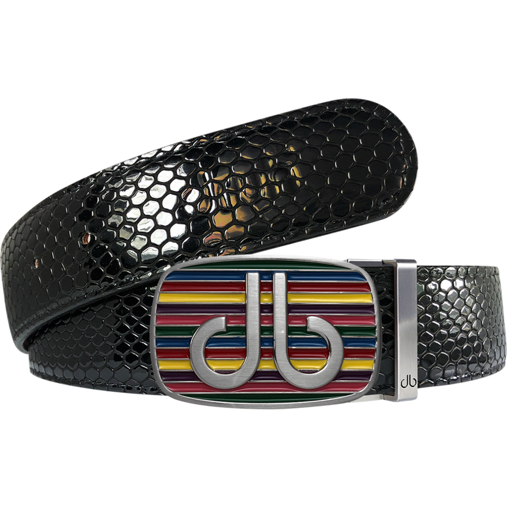 Black Snakeskin Texture Leather Belt with Multi-color Striped Buckle