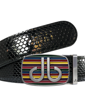 Black Snakeskin Texture Leather Belt with Multi-color Striped Buckle