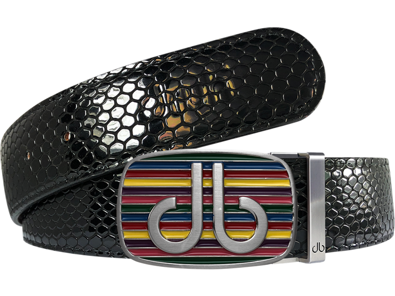 Black Snakeskin Texture Leather Belt with Multi-color Striped Buckle