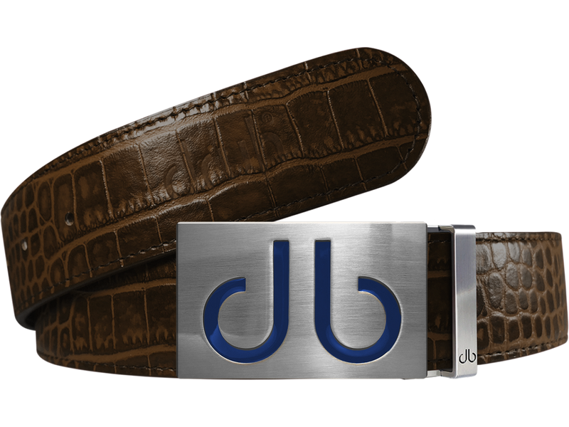 Brown Crocodile Textured Leather Belt with Blue Infill Buckle