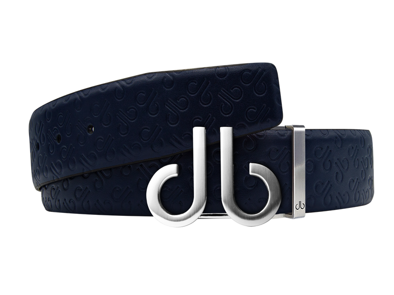 Dark Blue Db Icon Pattern Embossed Leather Belt With Druh Db Silver Icon Buckle