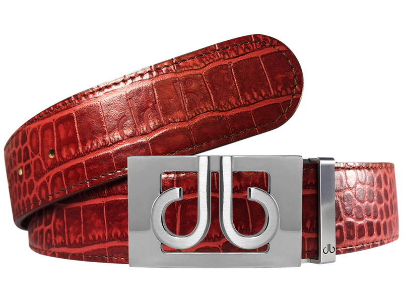 Burgundy Crocodile Textured Leather Belt with Buckle