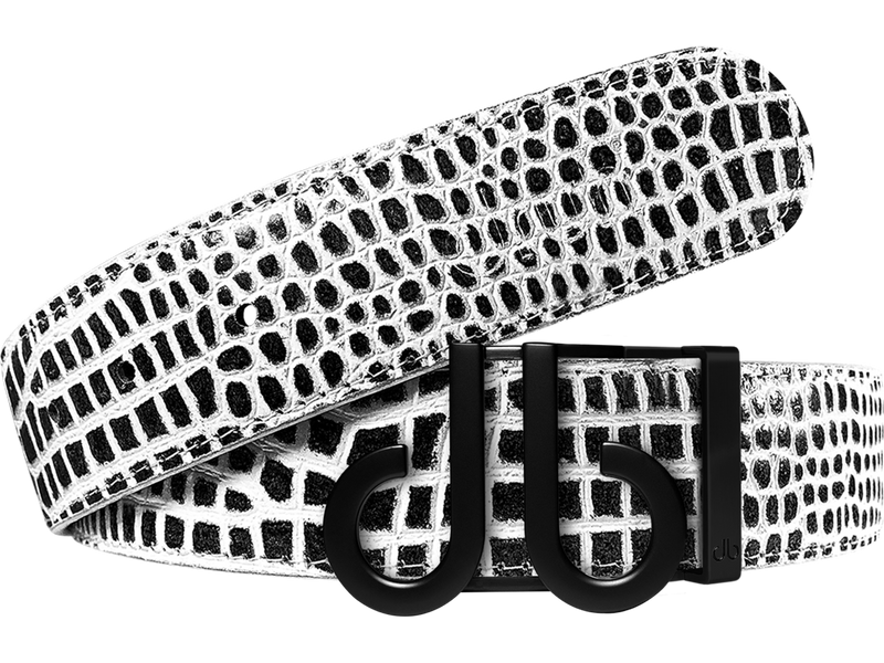 Black and White Crocodile Textured Leather Belt with Matte Black DB Icon Buckle