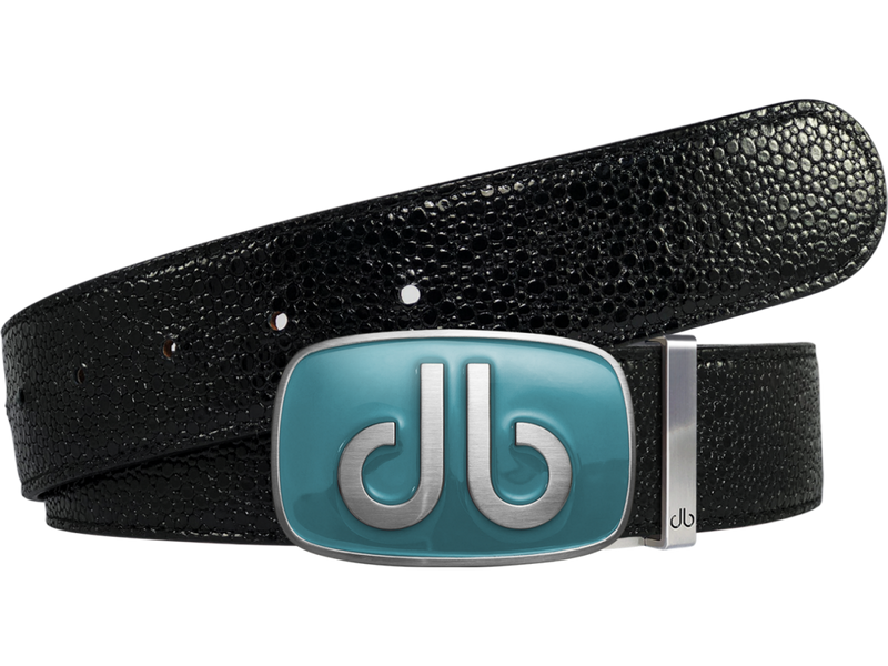 Shiny Black Stingray Leather Belt with Aqua Big Buckle