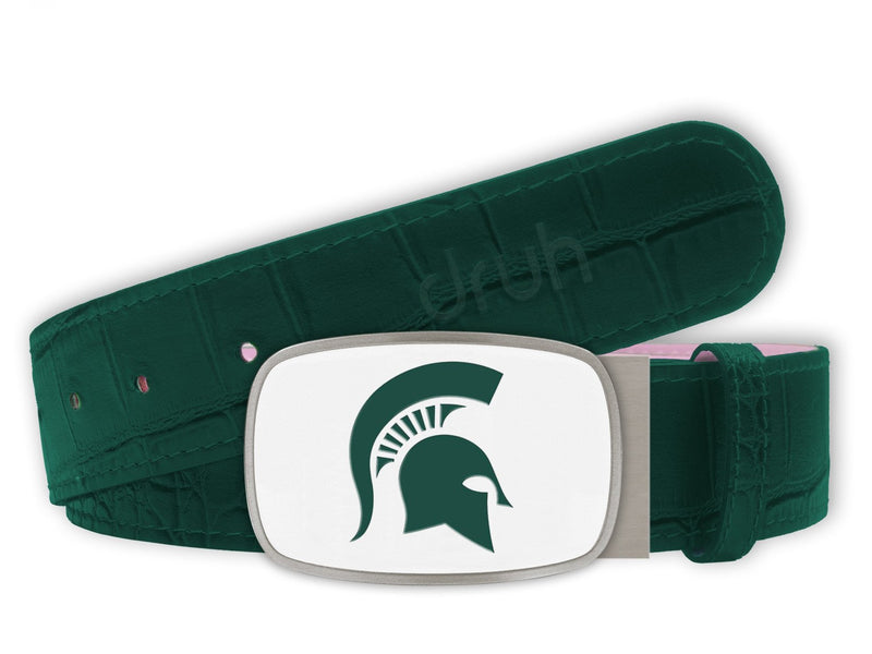 Michigan State University Belt - Big Buckle White Buckle with Green Crocodile Textured strap