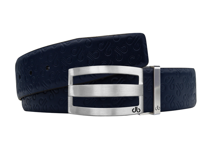 Dark Blue Db Icon Pattern Embossed Leather Belt With Silver Druh Db Classic Striped Buckle